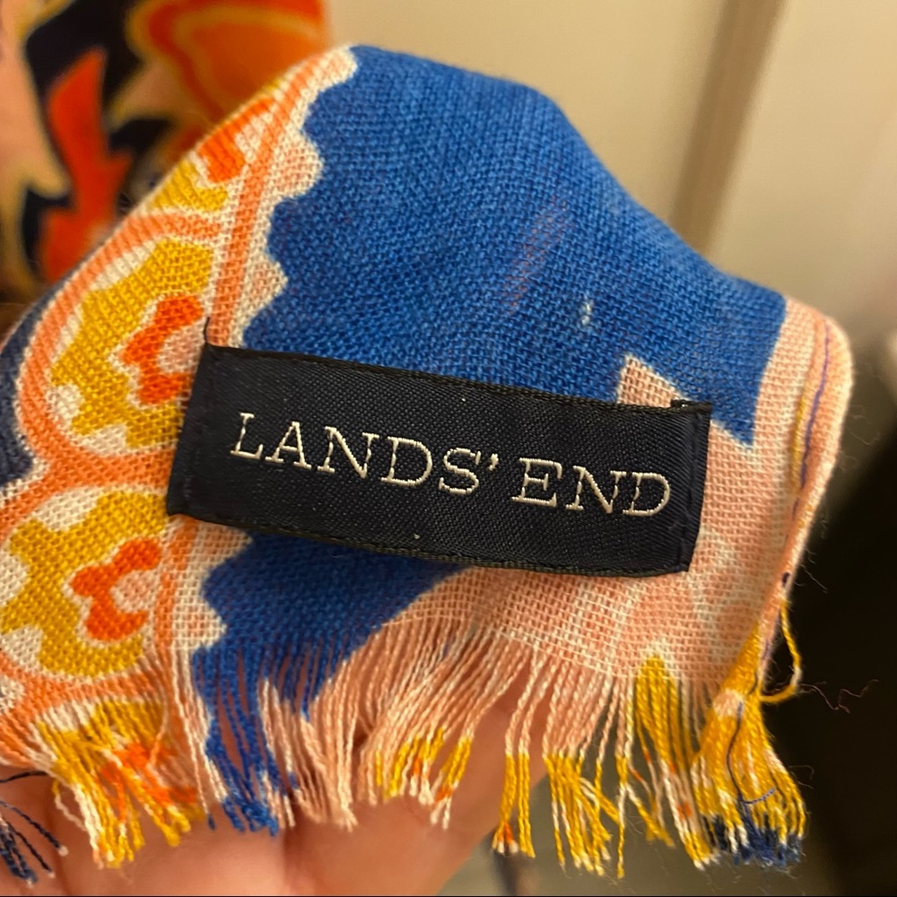 Lands End floral and paisley print scarf bold orange and blue colors - Picture 2 of 5